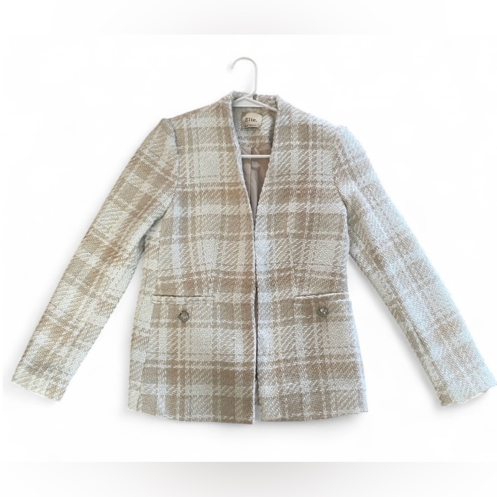 Elie Tahari Beige White Plaid Tweed Blazer Jacket Old Money Luxury Spring, S